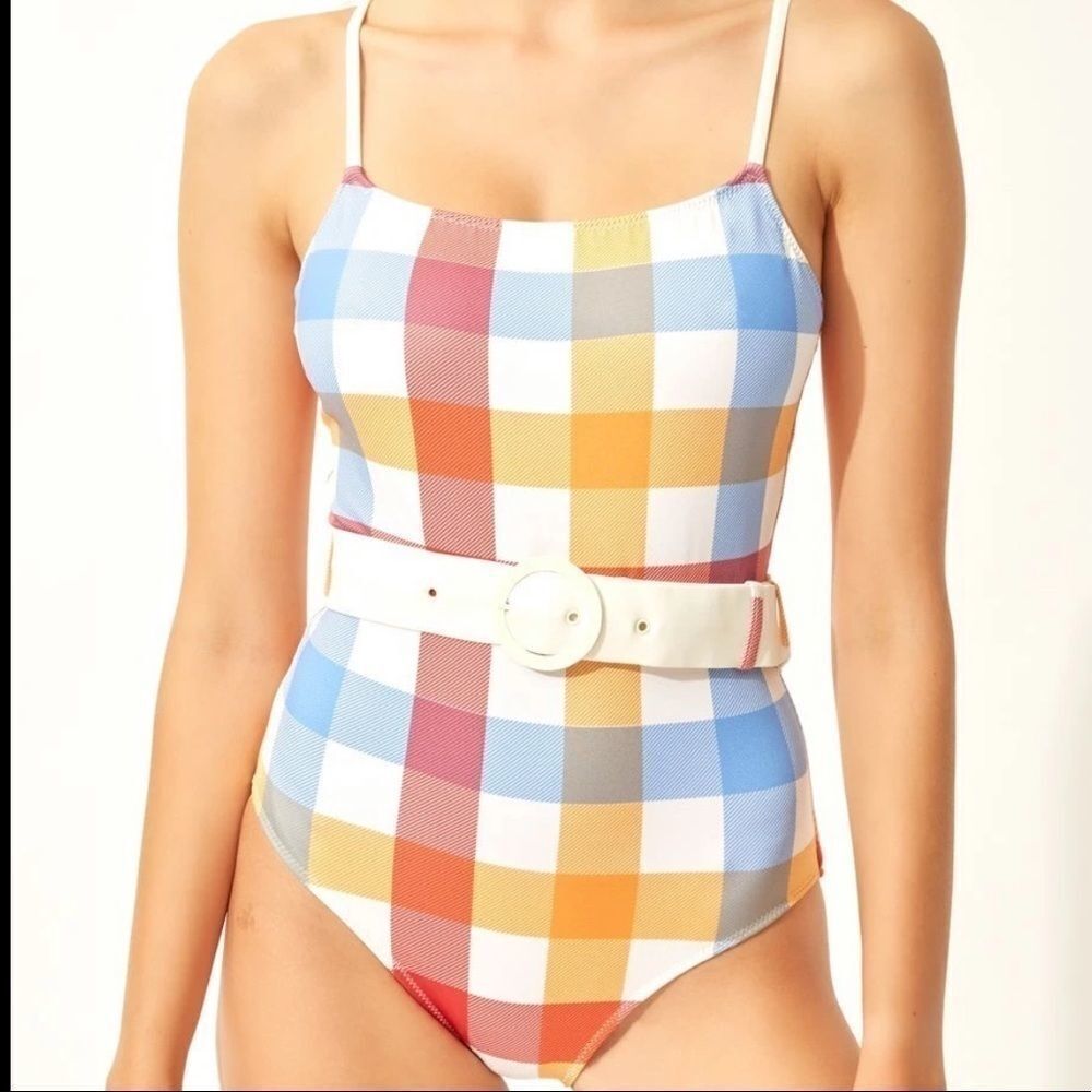 SOLID & STRIPED Multicolor Gingham One-Piece Swimsuit with White Belt